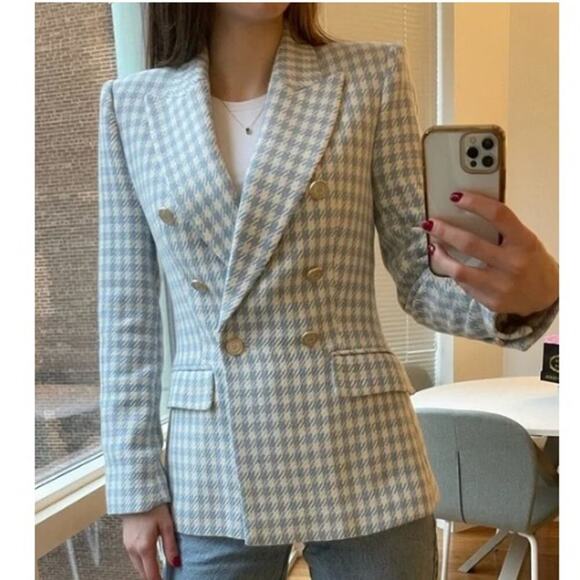 Zara Jackets & Blazers - Zara Houndstooth Peak Lapel Double Breasted Blazer Powder Blue Womens Size Small